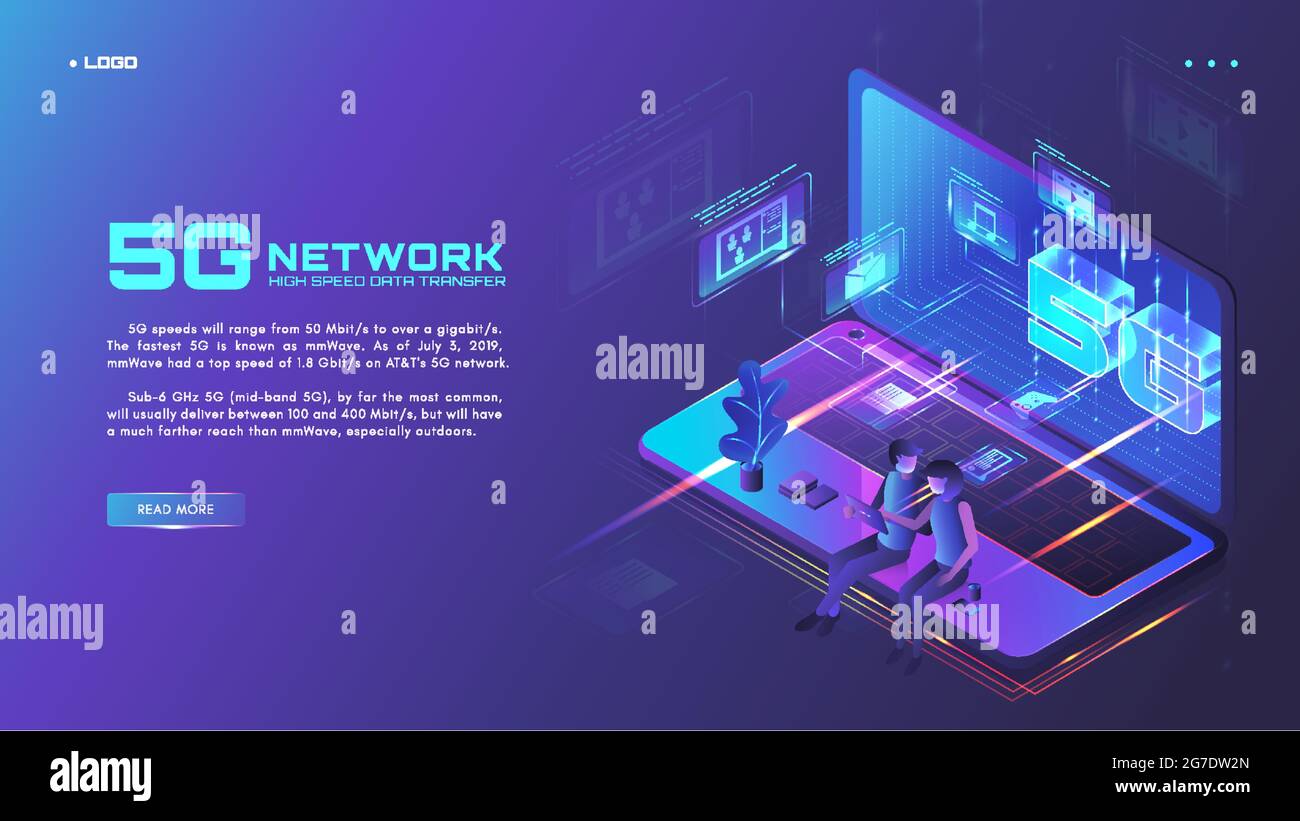 5G network website banner, web page design template, isometric neon vector illustration. High speed data transfer. Stock Vector