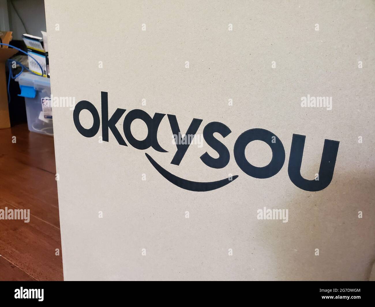 Close-up of box with logo for appliance company Okaysou, Lafayette, California, May 16, 2021. () Stock Photo