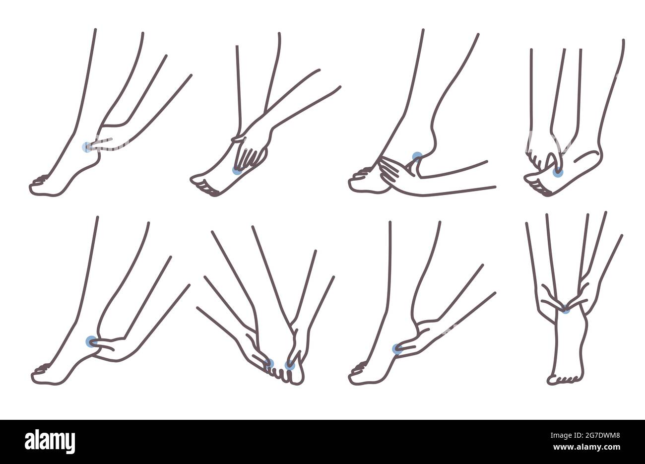 Acupressure foot massage technique. Female character pressing points on