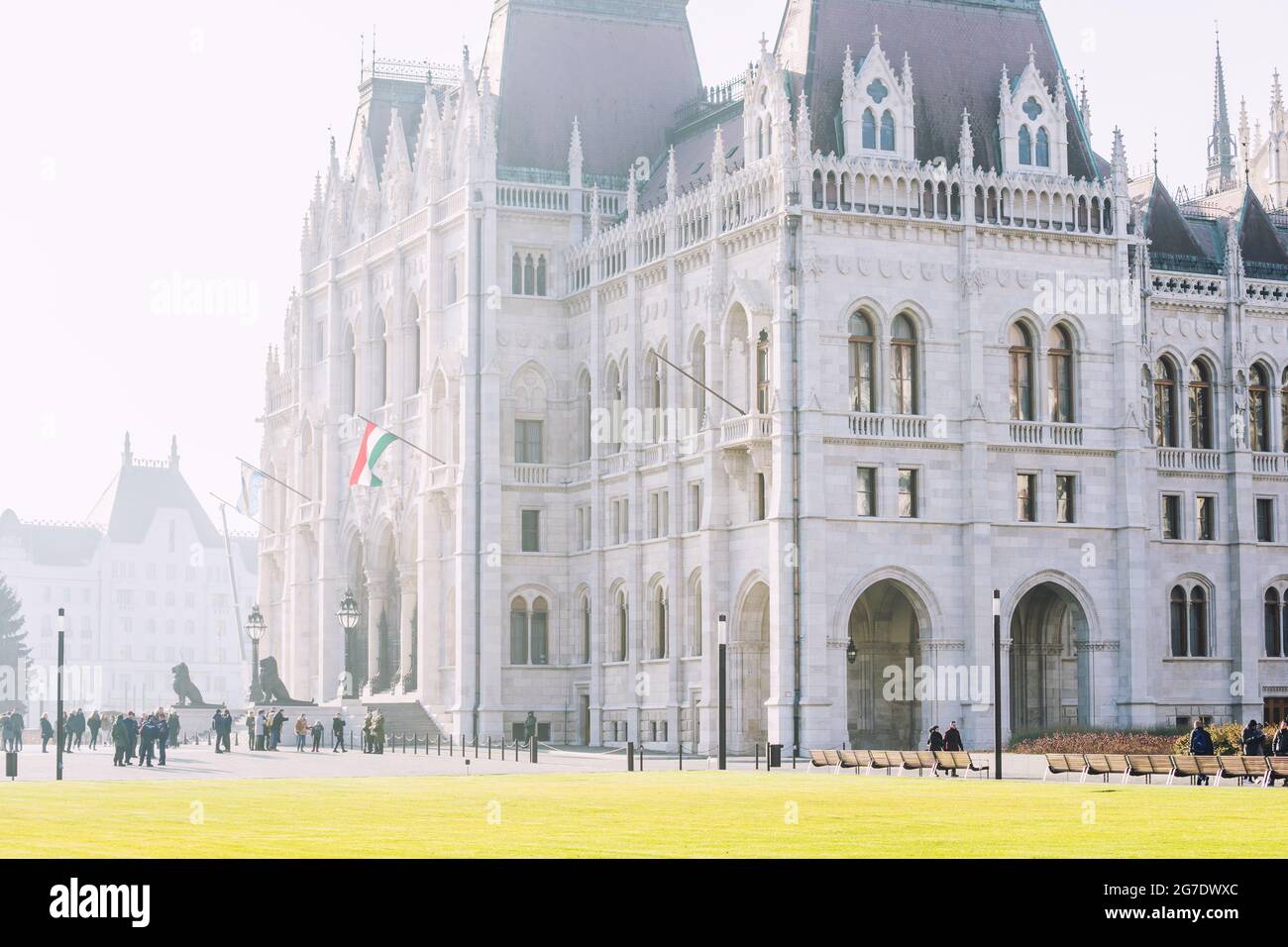 Hungarian Parliament building in the gothic revival style on a bright sunny day in Budapest Stock Photo