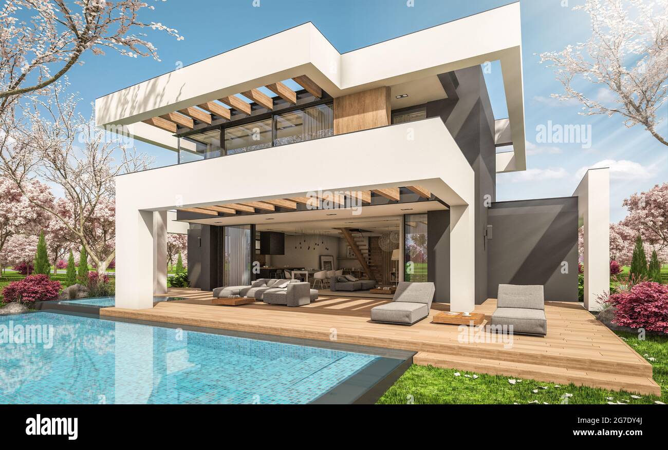 3d rendering of modern cozy house with pool and parking for sale or ...