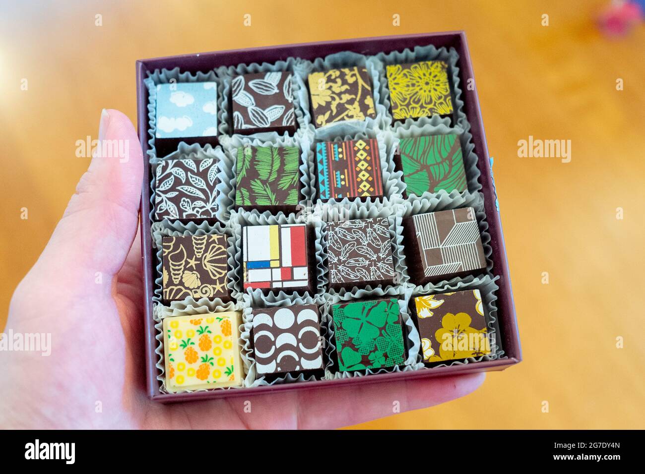 Colorful chocolates from Kokak Chocolates in the Castro, San Francisco, California, May 13, 2021. () Stock Photo