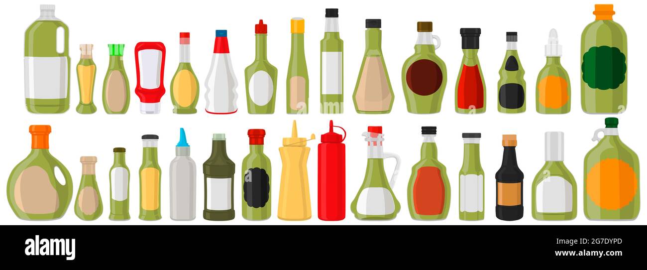 Illustration kit varied glass bottles filled liquid sauce guacamole. Bottles consisting from guacamole sauce, empty labels for titles. Sauce guacamole Stock Vector