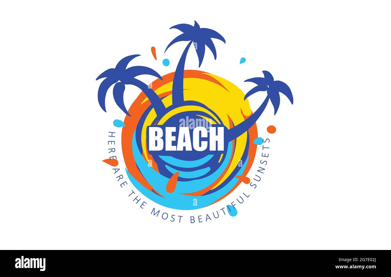 Vector icon for the beach with the image of a palm tree and the sea ...