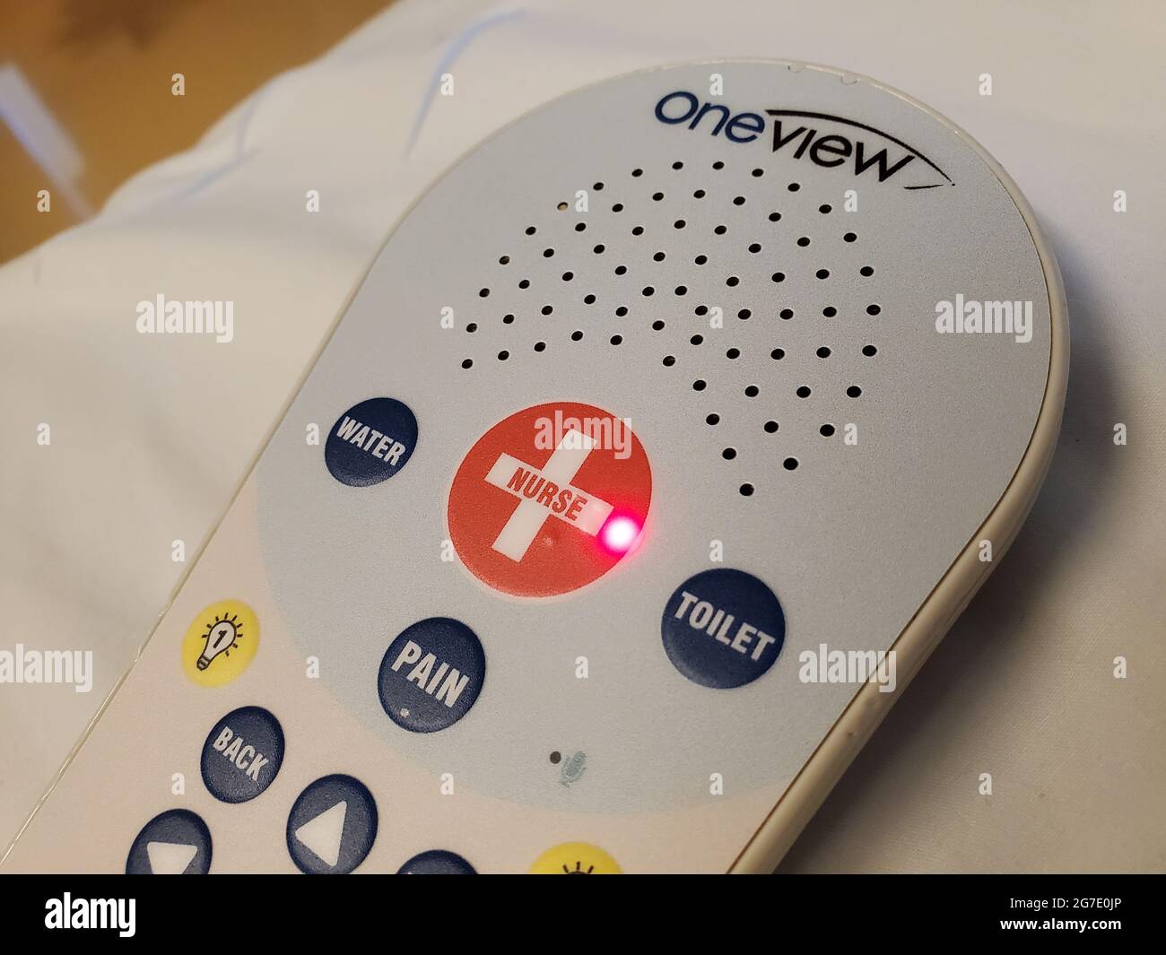 Close-up of OneView call light with Nurse button in a medical setting, San Francisco, California, May 20, 2021. () Stock Photo
