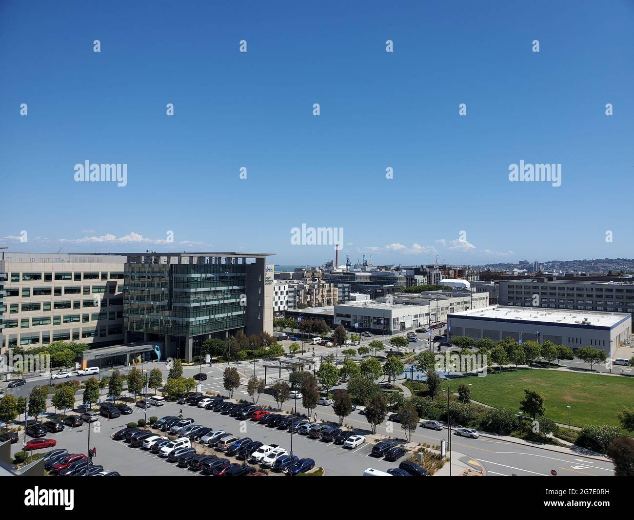 Aerial view of the Mission Bay neighborhood of San Francisco, California looking towards the Dogpatch and Potrero Hill neighborhood, May 21, 2021. () Stock Photo