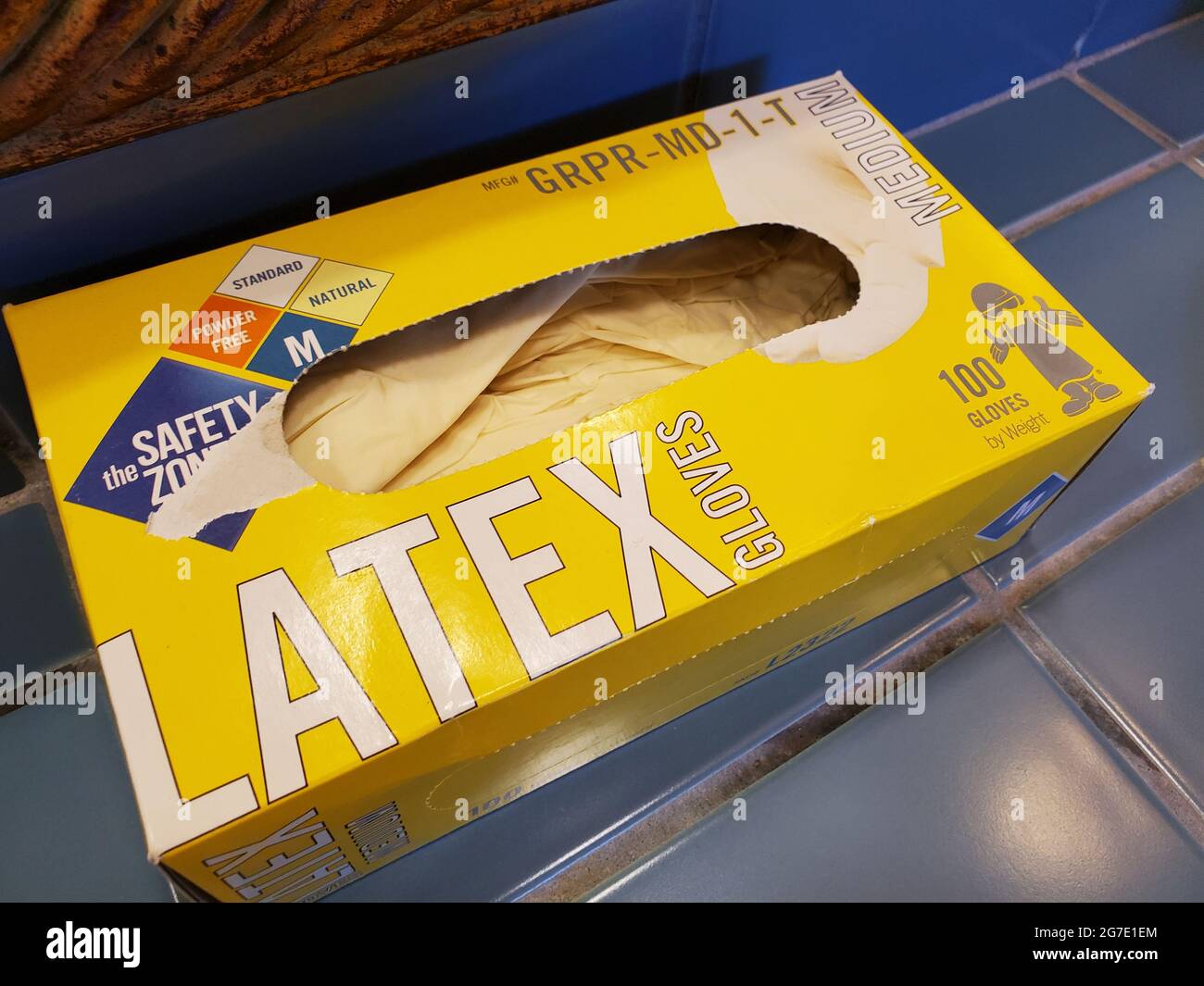 Closeup of box of Safety Zone latex gloves, Lafayette, California
