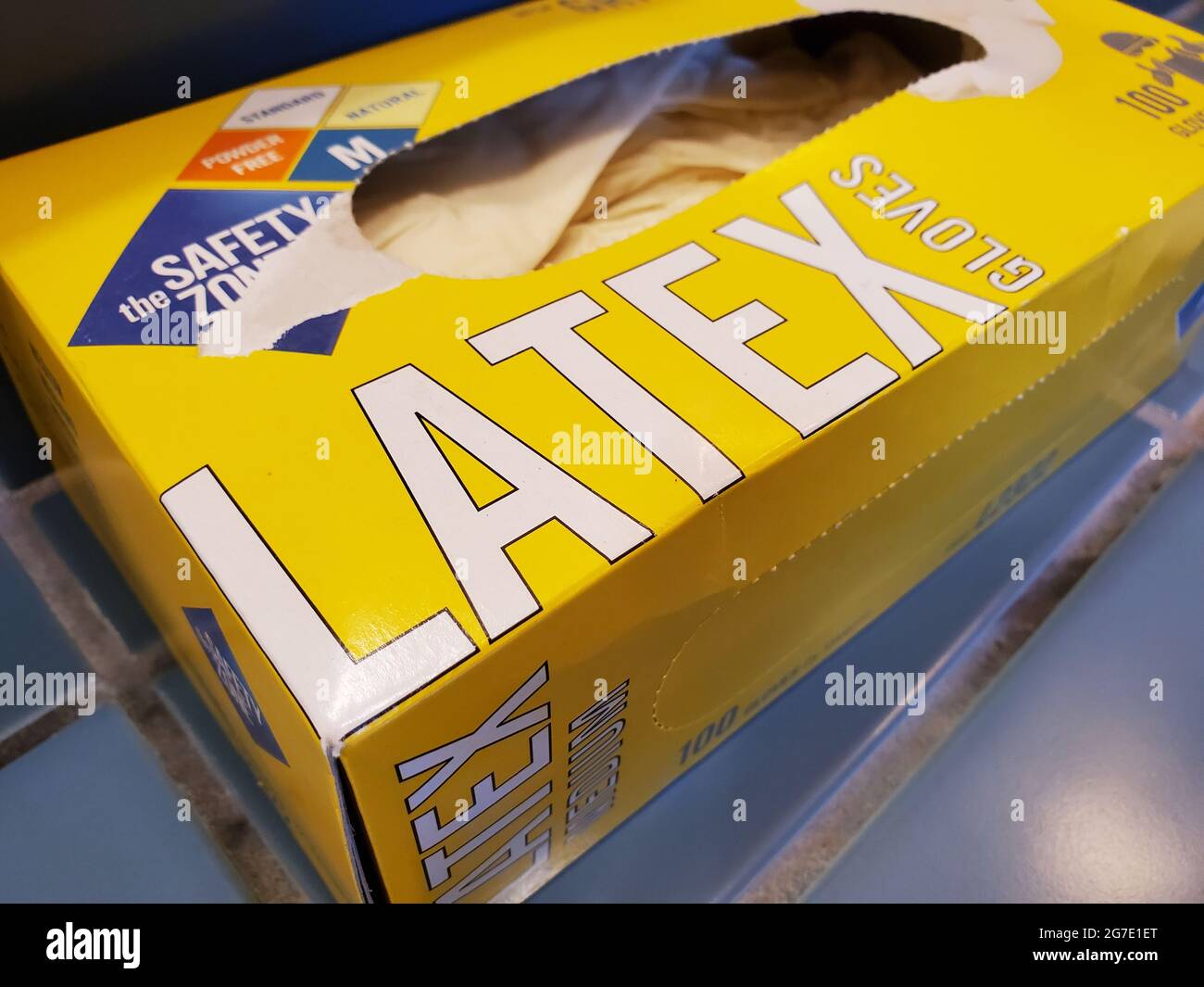 Closeup of box of Safety Zone latex gloves, Lafayette, California
