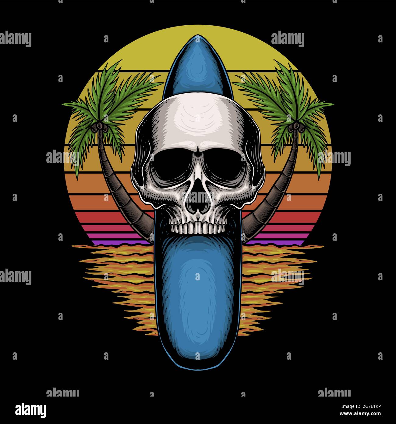 Skull surfing board retro vector illustration Stock Vector