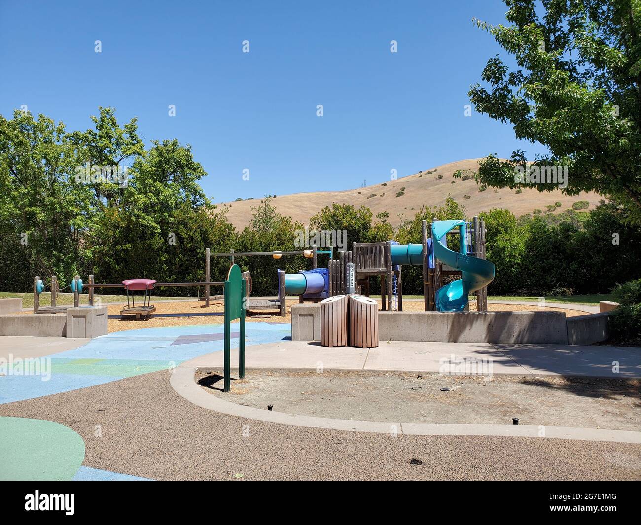 Structures and natural elements are visible at Diablo Vista Park in San Ramon, California, June 7, 2021. () Stock Photo