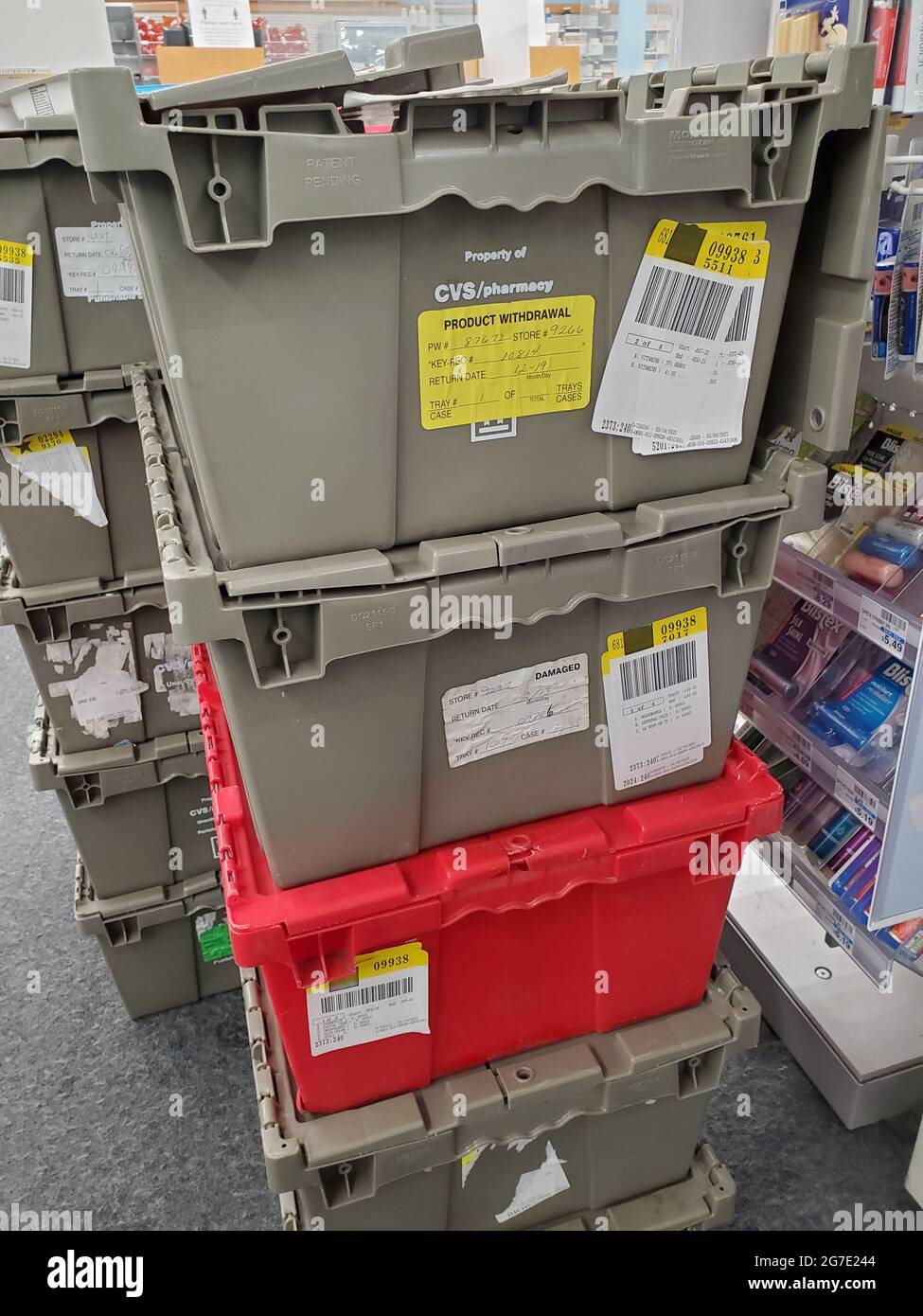 Boxes of product are visible during restocking process at CVS Pharmacy in Lafayette, California, May 21, 2021. () Stock Photo