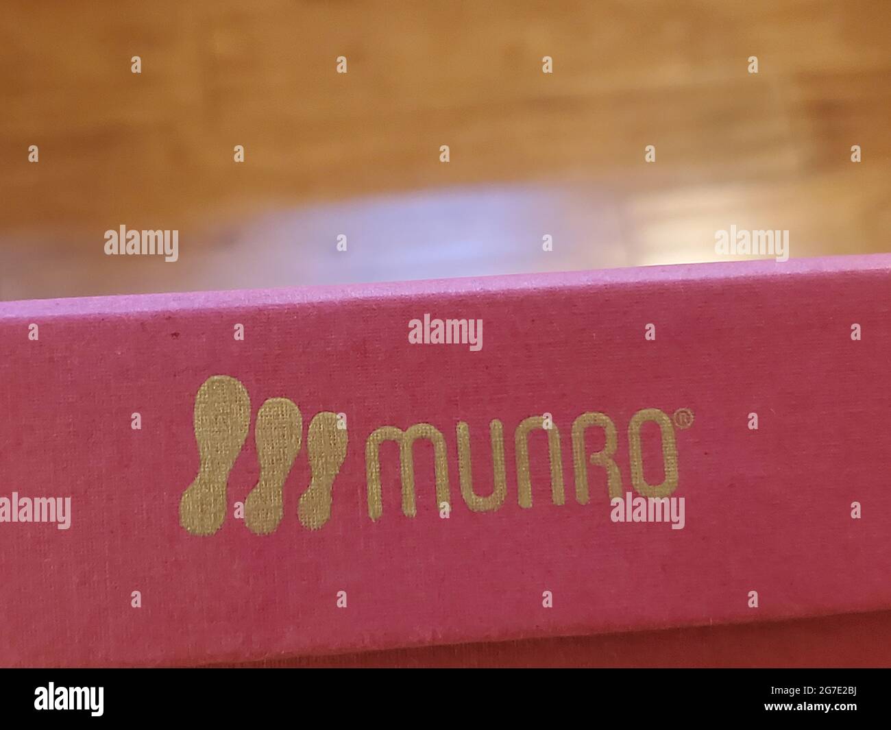 Close-up of logo on box of Munro brand shoes, Lafayette, California, June 11, 2021. () Stock Photo