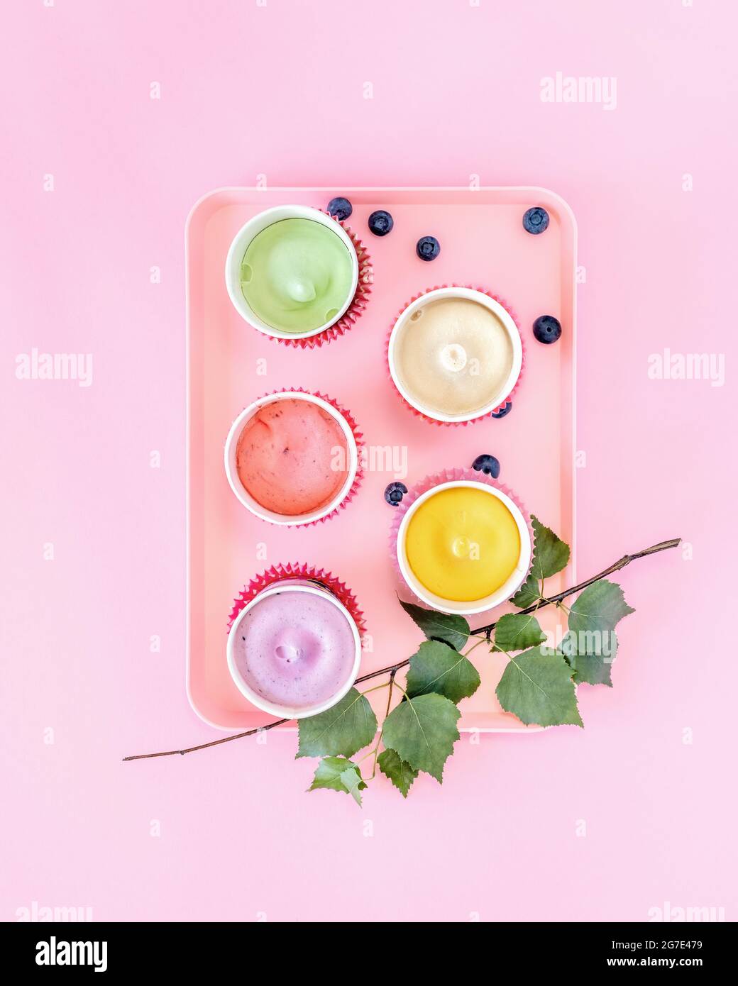 Different types of fruit, natural ice cream or frozen yogurt. Various