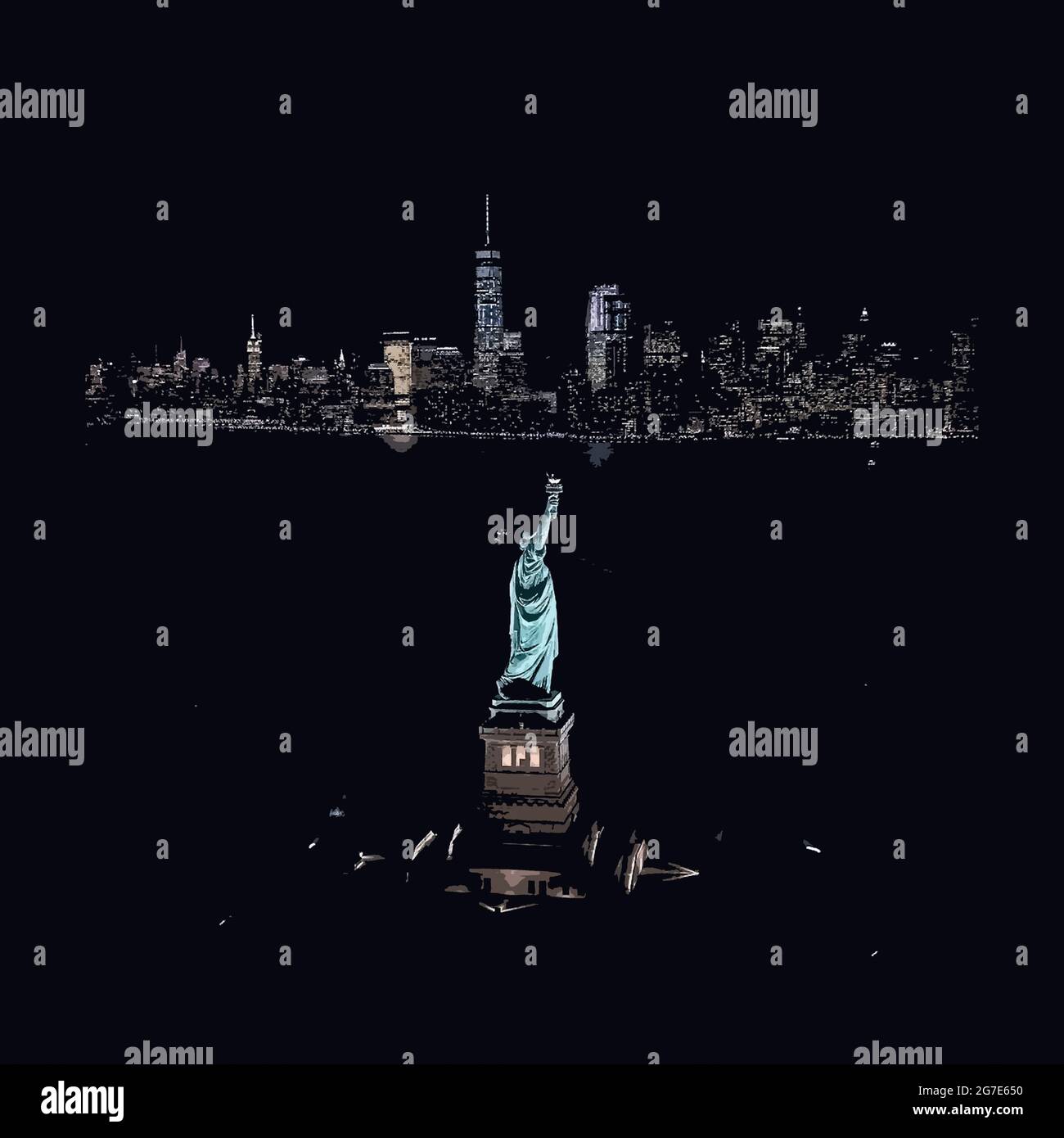 Statue of Liberty with New York City lights in the background. Digital ...