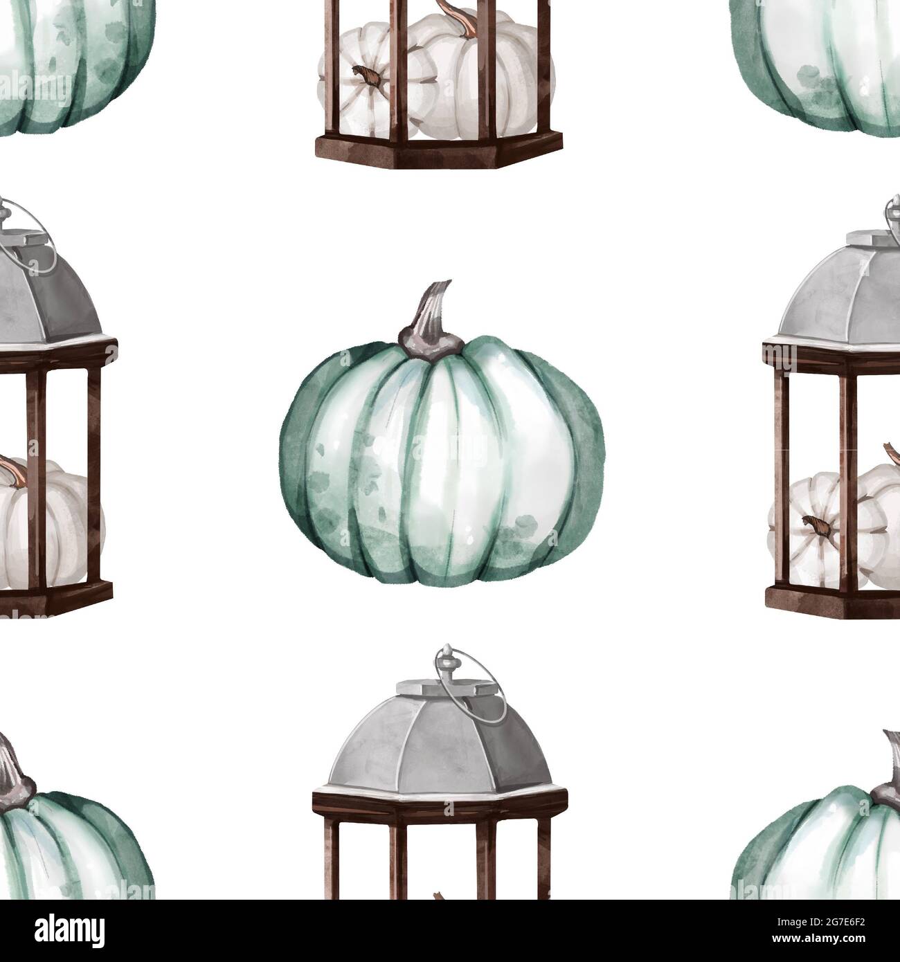 Seamless watercolor pattern with green, white end rose pumpkins and autumn leaves. Design for wrapping paper decoration, background Stock Photo
