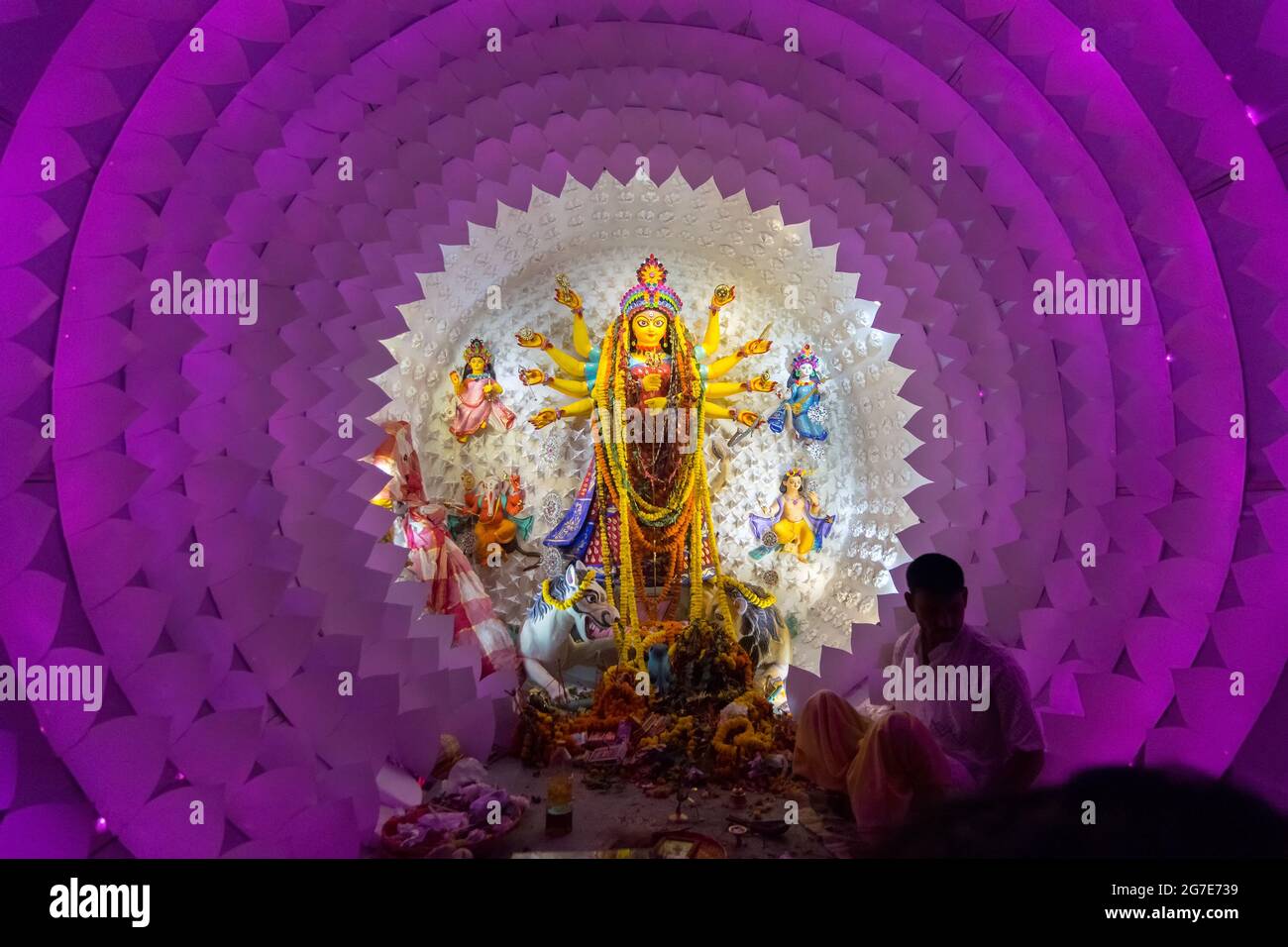 KOLKATA , INDIA - OCTOBER 18, 2015 : Night image of decorated Durga Puja pandal, shot at colored light, at Kolkata, West Bengal, India. Durga Puja is Stock Photo