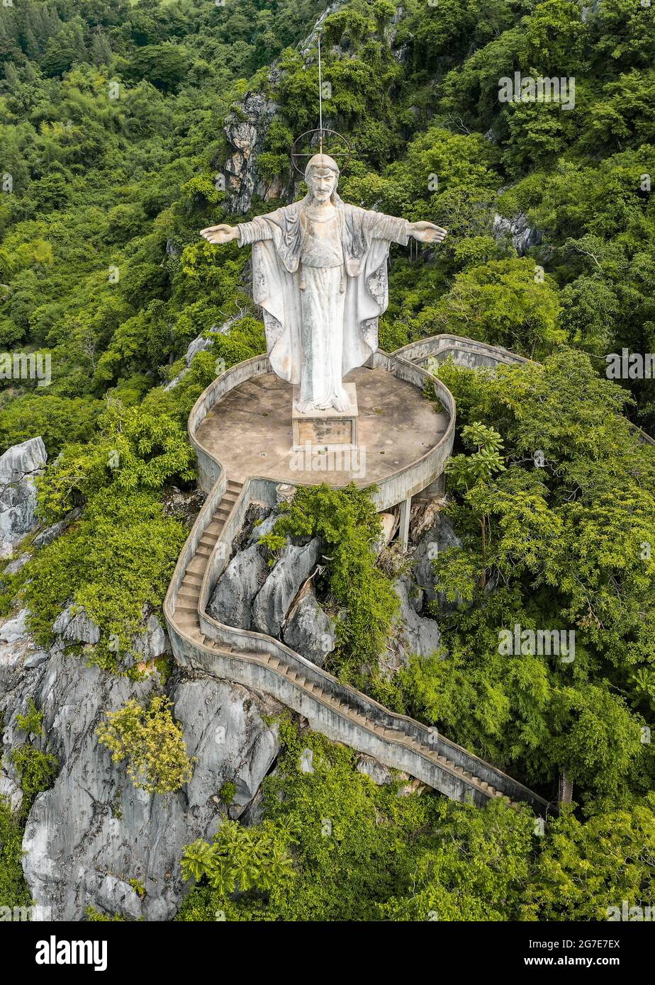 Aerial view of Don Sai, Christ Redeemer statue, in Ratchaburi, Thailand Stock Photo