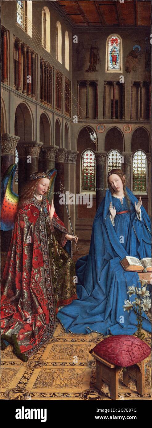 The Annunciation by Jan van Eyck (c.1390-1441), oil on canvas transferred from panel,  c. 1434-36 Stock Photo