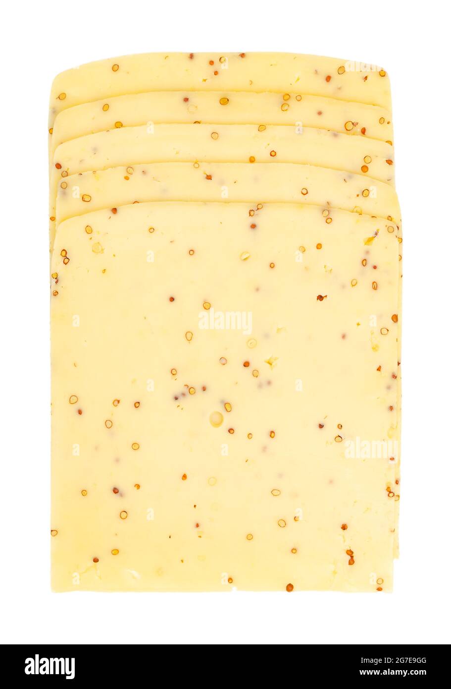 Mustard cheese slices. Stack of sliced cheddar for cheeseburgers, made of pasteurized milk and mustard seeds. Dairy product. Light yellow. Stock Photo