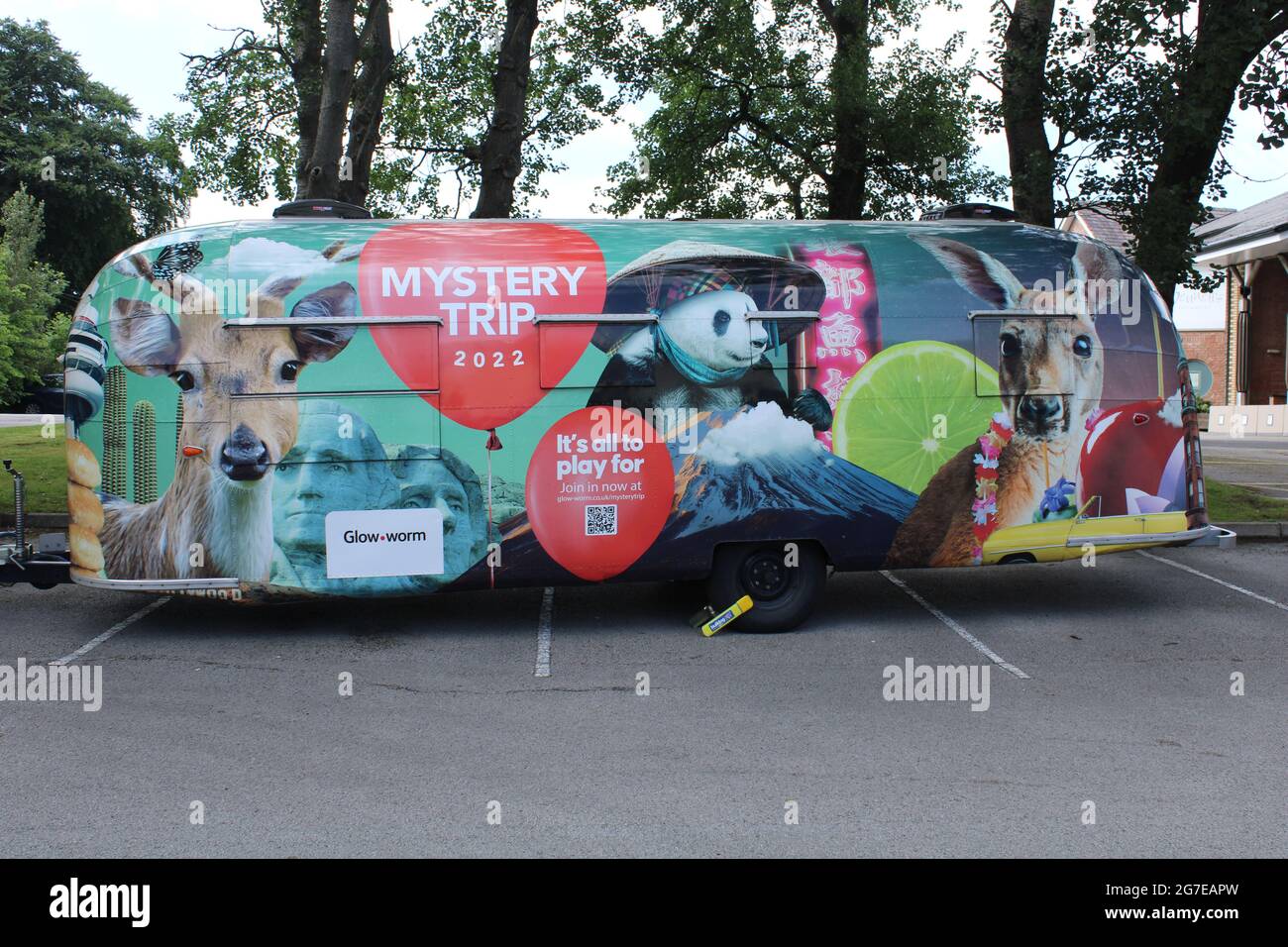 Airstream Travel Trailer Brightly Coloured With Wild Animals Painted On The Side In A Carpark In Wrightington Uk Stock Photo Alamy