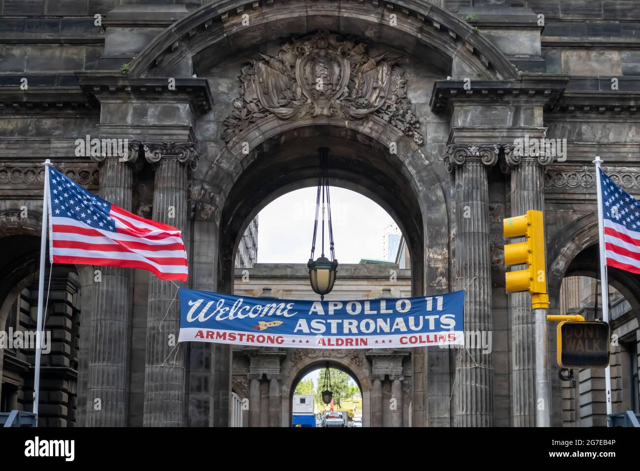 Glasgow, Scotland, UK. 13th July, 2021. A banner saying Welcome Apollo 11 Astronauts Armstrong, Aldrin, Collins during the filming of the latest Indiana Jones movie in the city centre. Credit: Skully/Alamy Live News Stock Photo