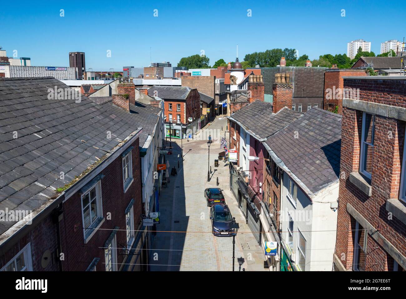 View from St Petersgate bridge of Little Underbank in the town of Stockport, Greater Manchester, England. Stock Photo