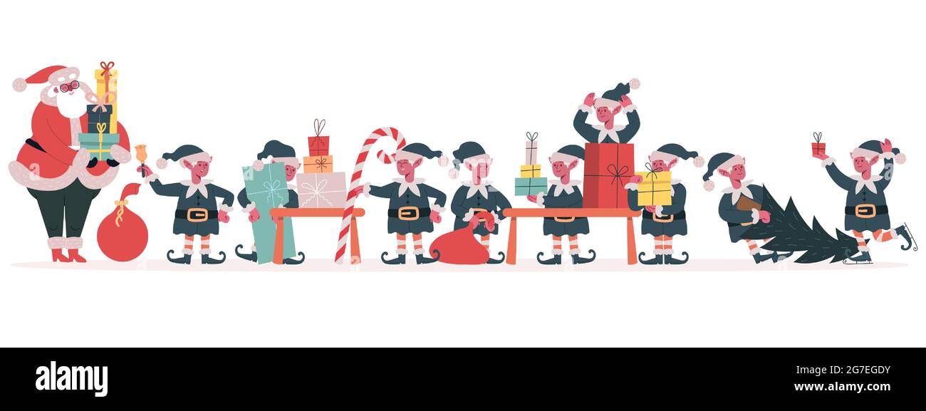 Christmas elves factory. Santa Claus and elves pack holiday gifts, Santa helpers making xmas presents vector illustration. Santa Claus elves workshop Stock Vector