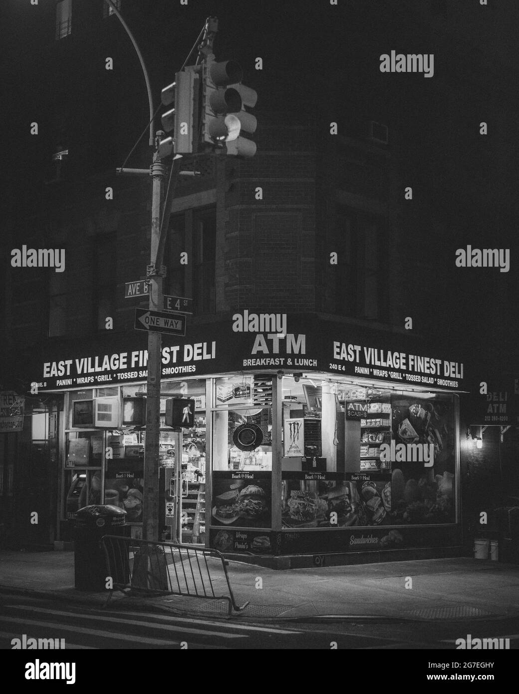 East Village Finest Deli at night, in Manhattan, New York City Stock