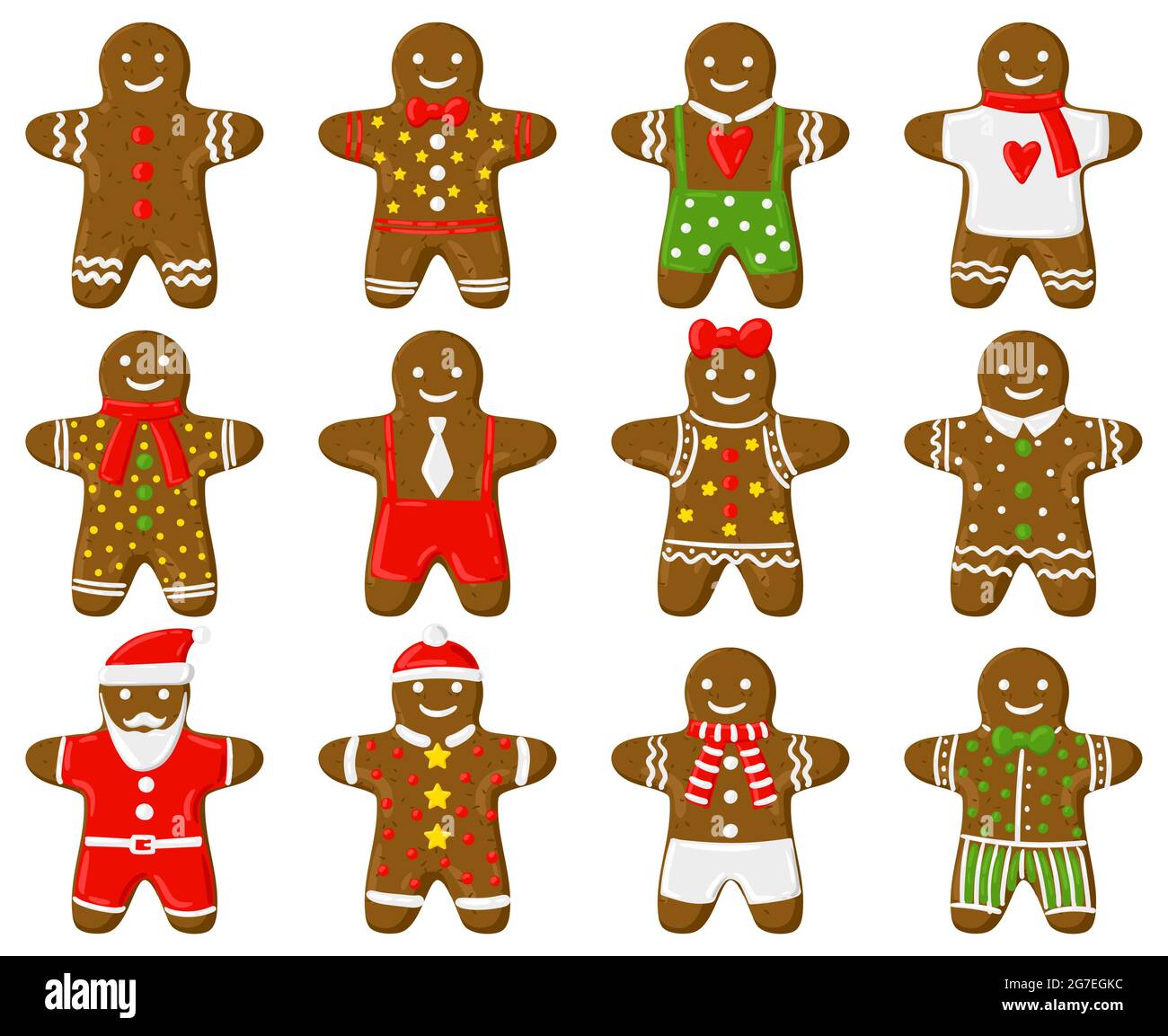 Holiday gingerbread man. Christmas traditional treats, delish gingerbread man cookies cartoon vector illustration set. Xmas gingerbread man biscuits Stock Vector