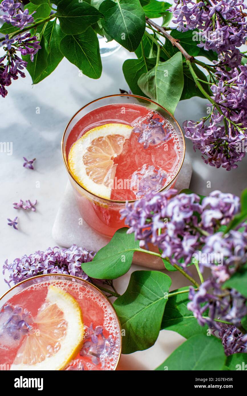 Lilac Lemonade and lilac blossom petals Stock Photo