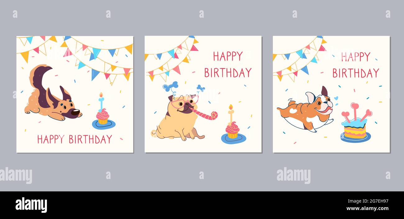 Happy birthday cards with funny cartoon pug, english bulldog, german shepherd. Garlands, festive cupcake with candles in the shape of a bone. Vector greeting card with cute animals, little puppies Stock Vector Happy birthday cards with funny cartoon pug, english bulldog, german shepherd. Garlands, festive cupcake with candles in the shape of a bone. Vector greeting card with cute animals, little puppies Stock Vector