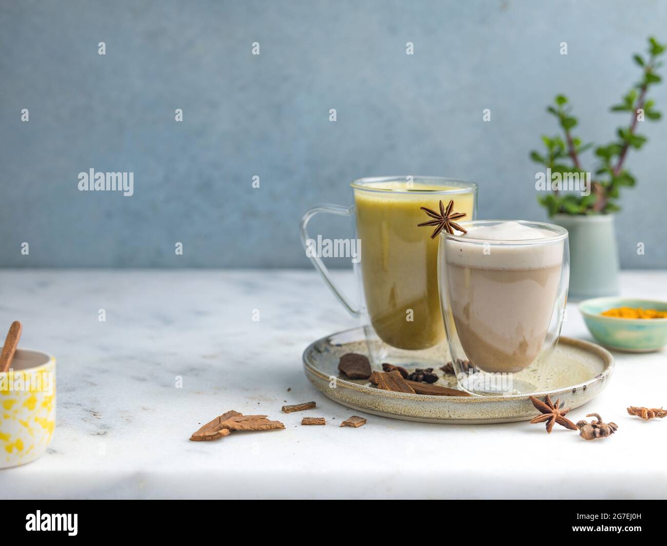 Golden Protein Milk, and Chai Tea Stock Photo