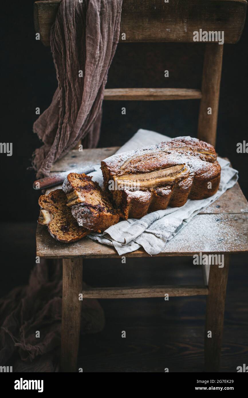 Banana bread dusted with powdered sugar Stock Photo Alamy