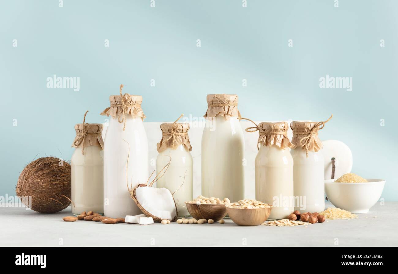 Vegan non dairy plant based milk in bottles and ingredients on blue