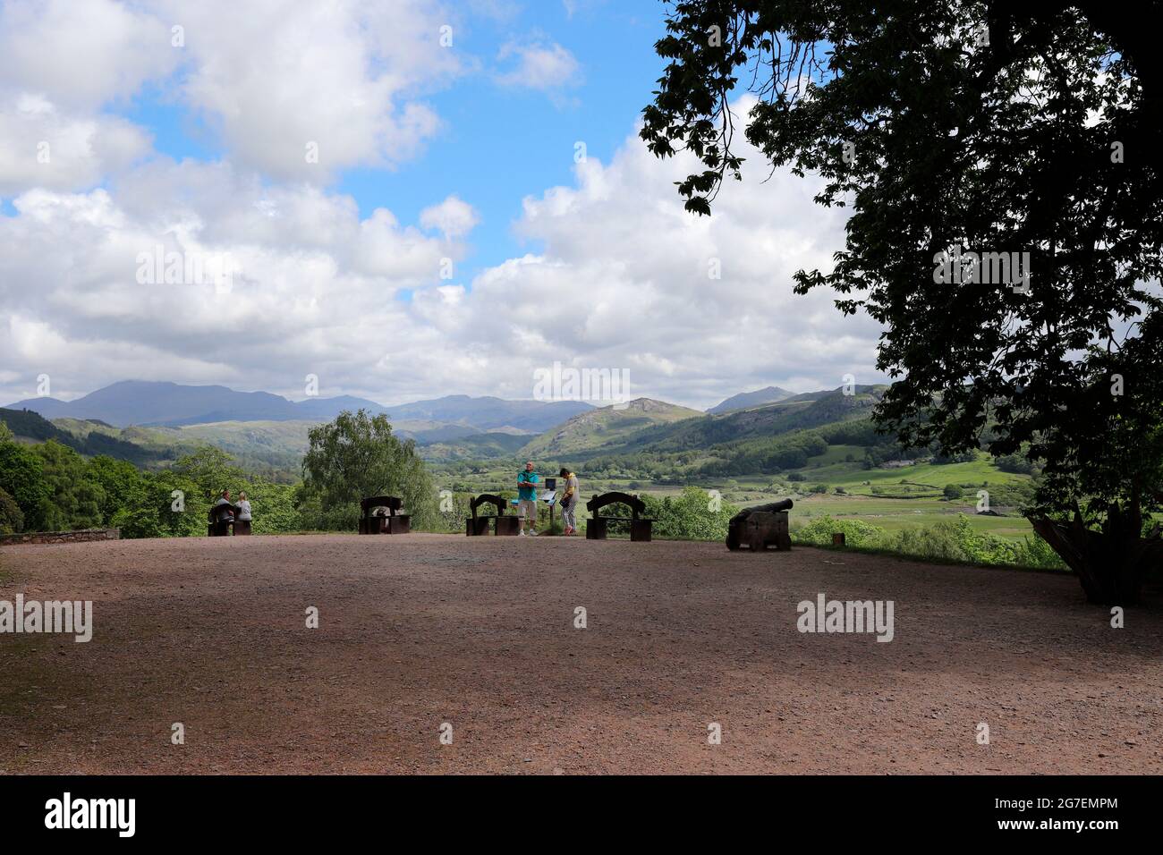 A view of the Western peaks of the English Lake District from Muncaster Castle, Cumbria Stock Photo