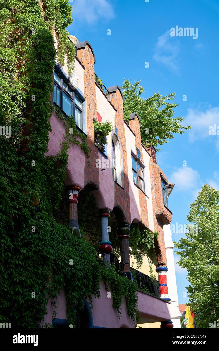 Facade of the Hundertwasserhaus, called "gruene Zitadelle" in the city