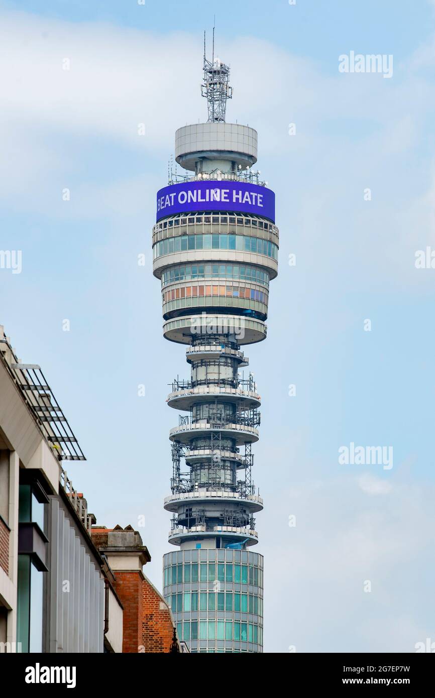 The BT Tower in London displays a message to join Hope to beat online hate.With a reported 1 in 10 people having received online abuse in the past year, BT has