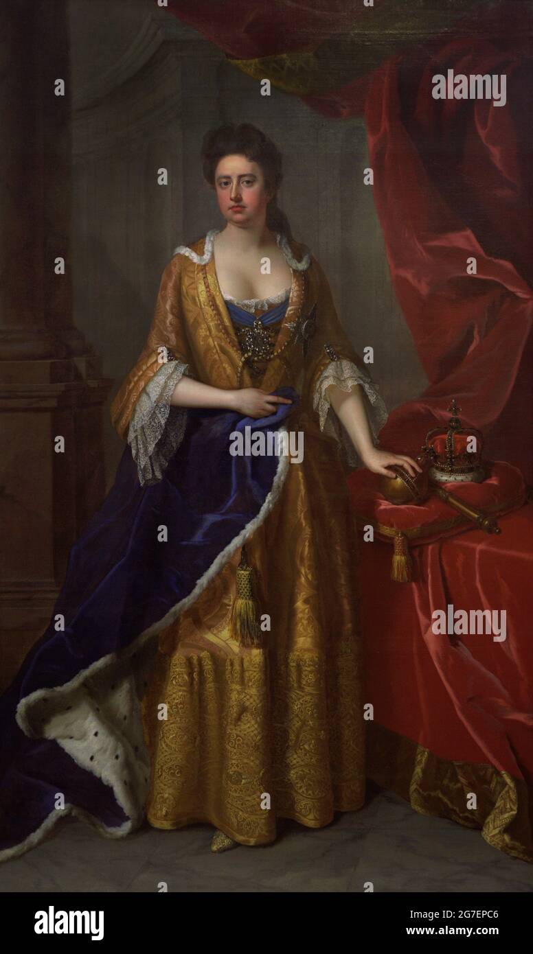 Queen Anne (1665-1714). Queen of Great Britain and Ireland (1702-1714). She was the first sovereign of Great Britain and the last of the Stuart monarchs. Portrait by Michael Dahl (1659-1743). Oil on canvas (236,8 x 144,8 cm), ca. 1702. National Portrait Gallery. London, England, United Kingdom. Stock Photo