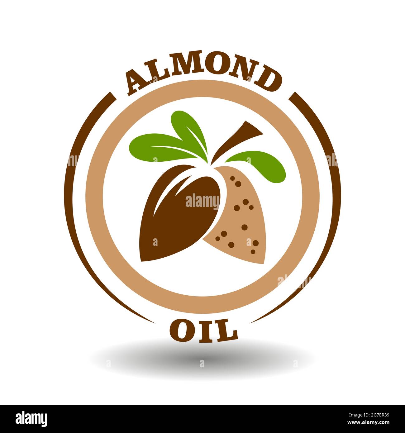 Simple circle logo Almond oil with round half cut nut shells icon and green leaves symbol for labeling product contain natural organic sweet almond mi Stock Vector