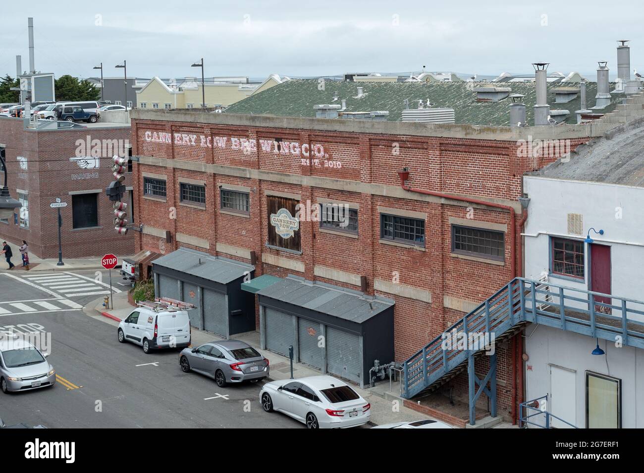 Aerial view of downtown Monterey, California, including Monterey Bay in