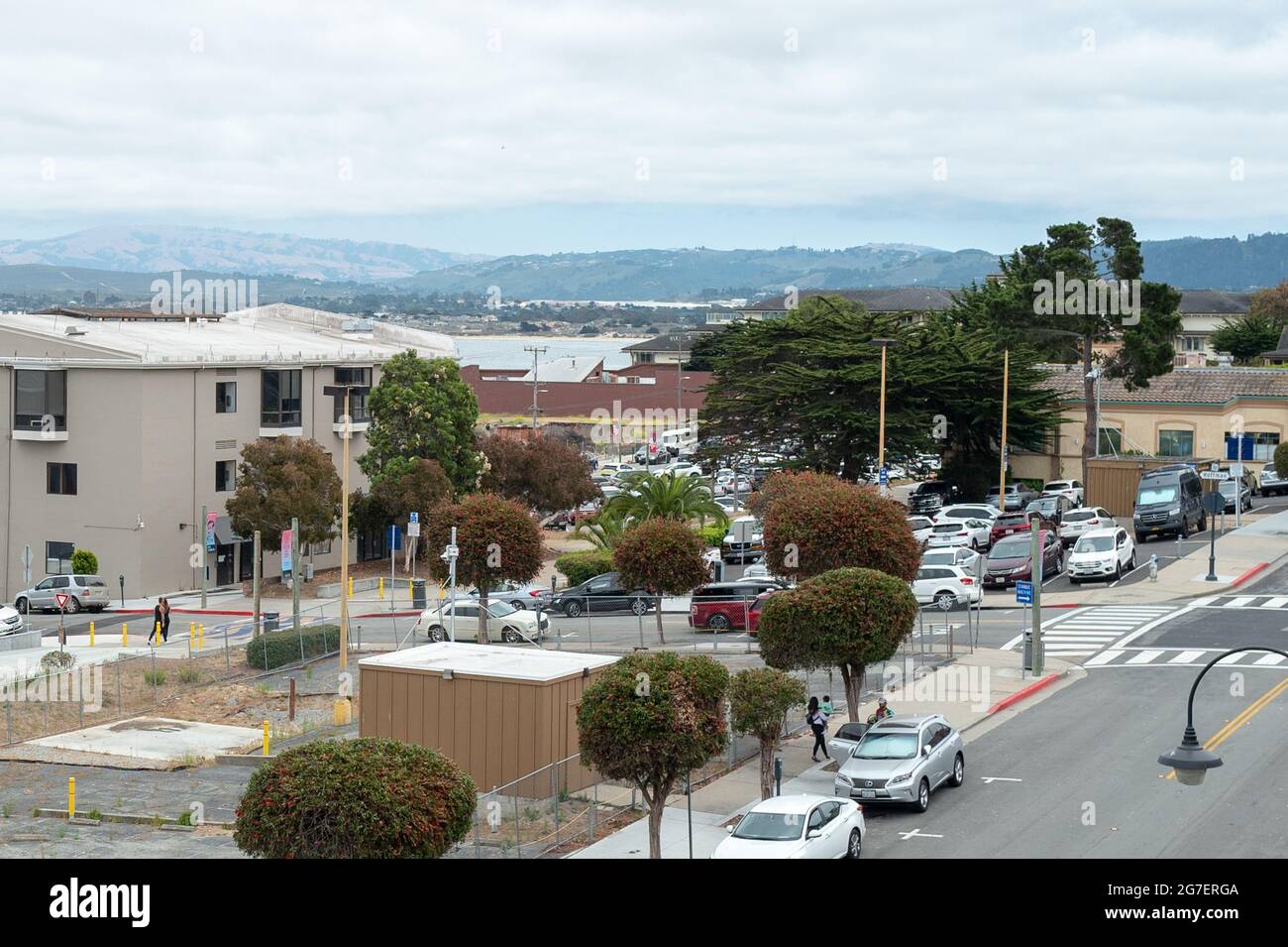 Aerial view of downtown Monterey, California, including Monterey Bay in