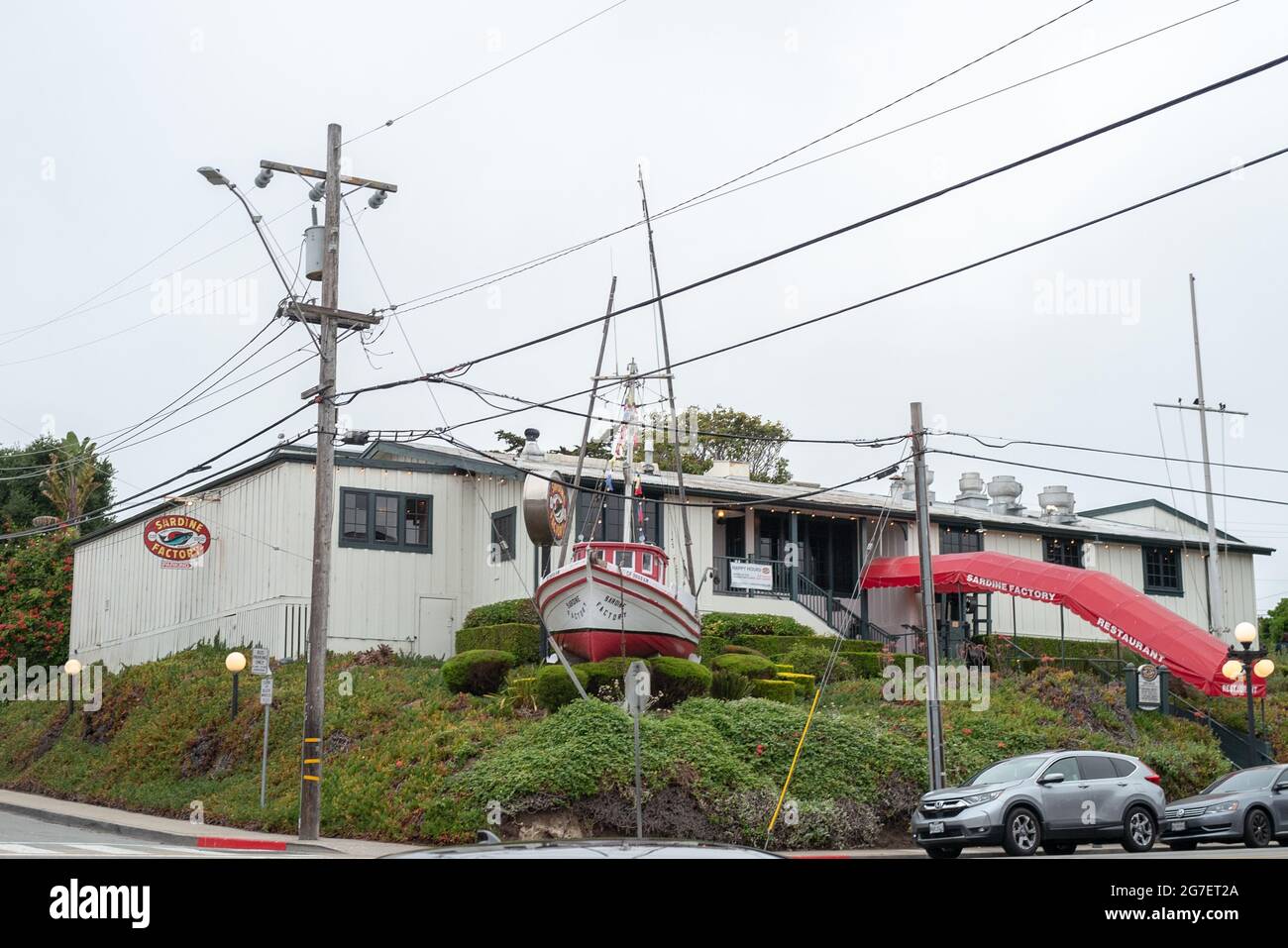 Facade at Sardine Factory restaurant in Monterey, California, July