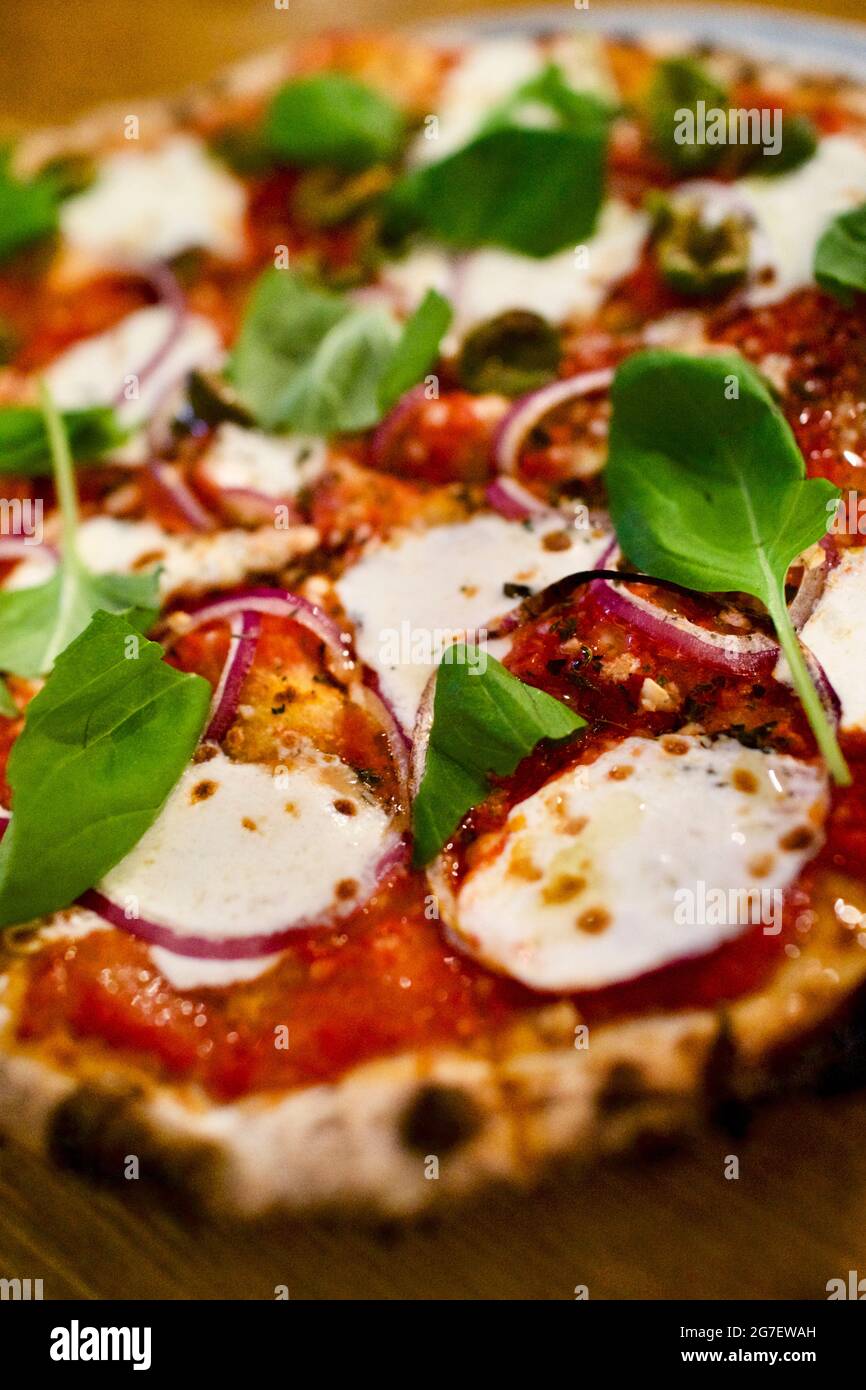 Overhead angle of pizza at Emily Loves Pizza restaurant in Brooklyn