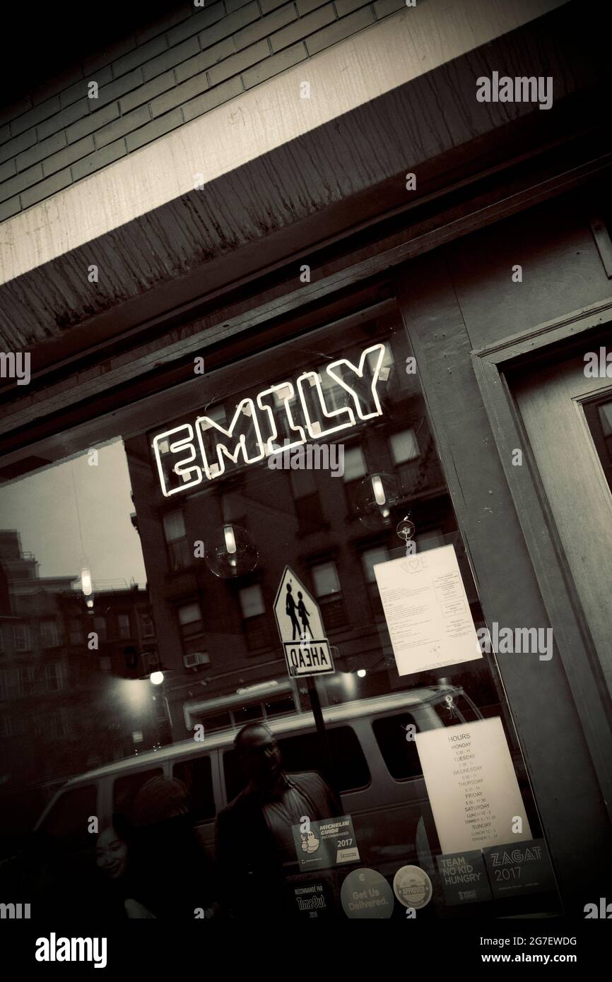 Front facade of Emily Loves Pizza restaurant in Brooklyn, New York, USA