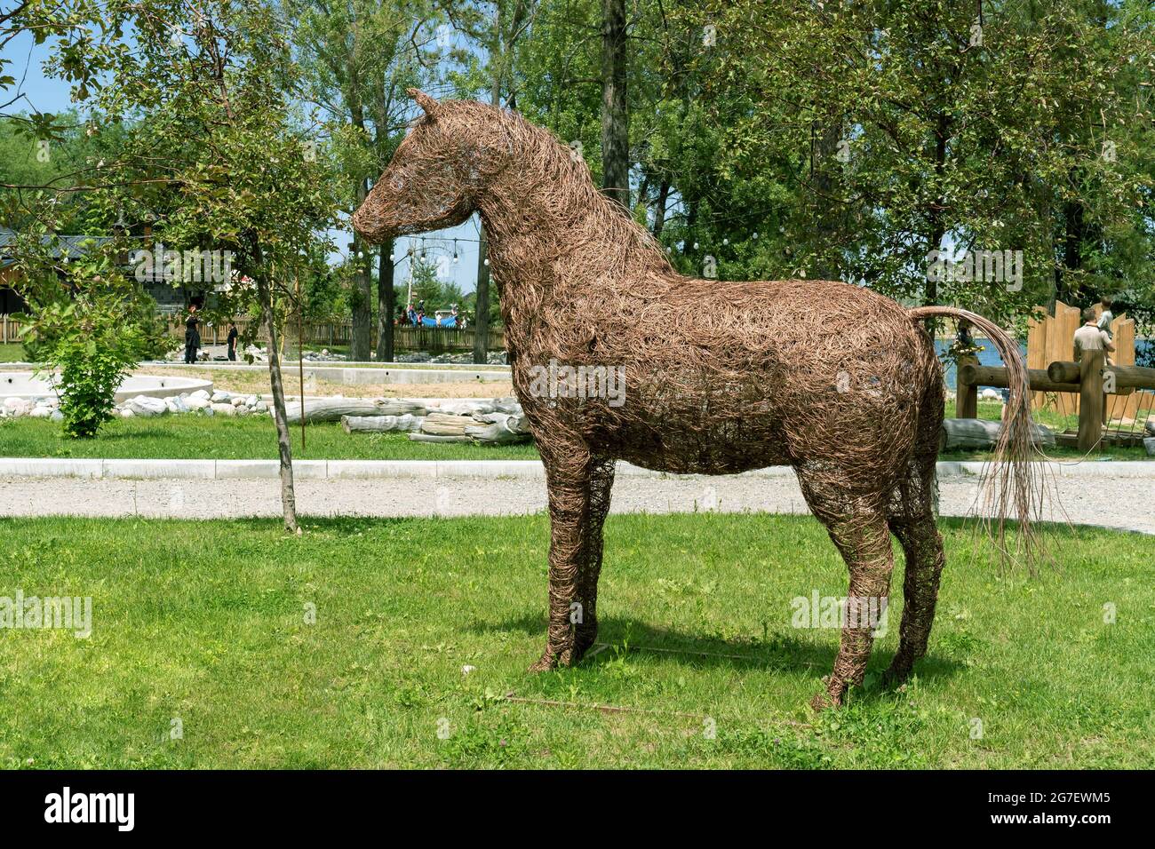 Bronze statue of a horse made of wire. Design installation. Art object. Stock Photo