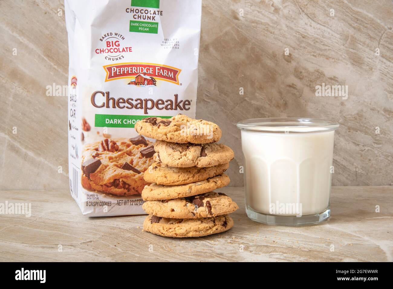 Pepperidge Farm Cheaspake Chocolate Chip an pecan cookies on a kitchen counter Illustrative Editorial Stock Photo