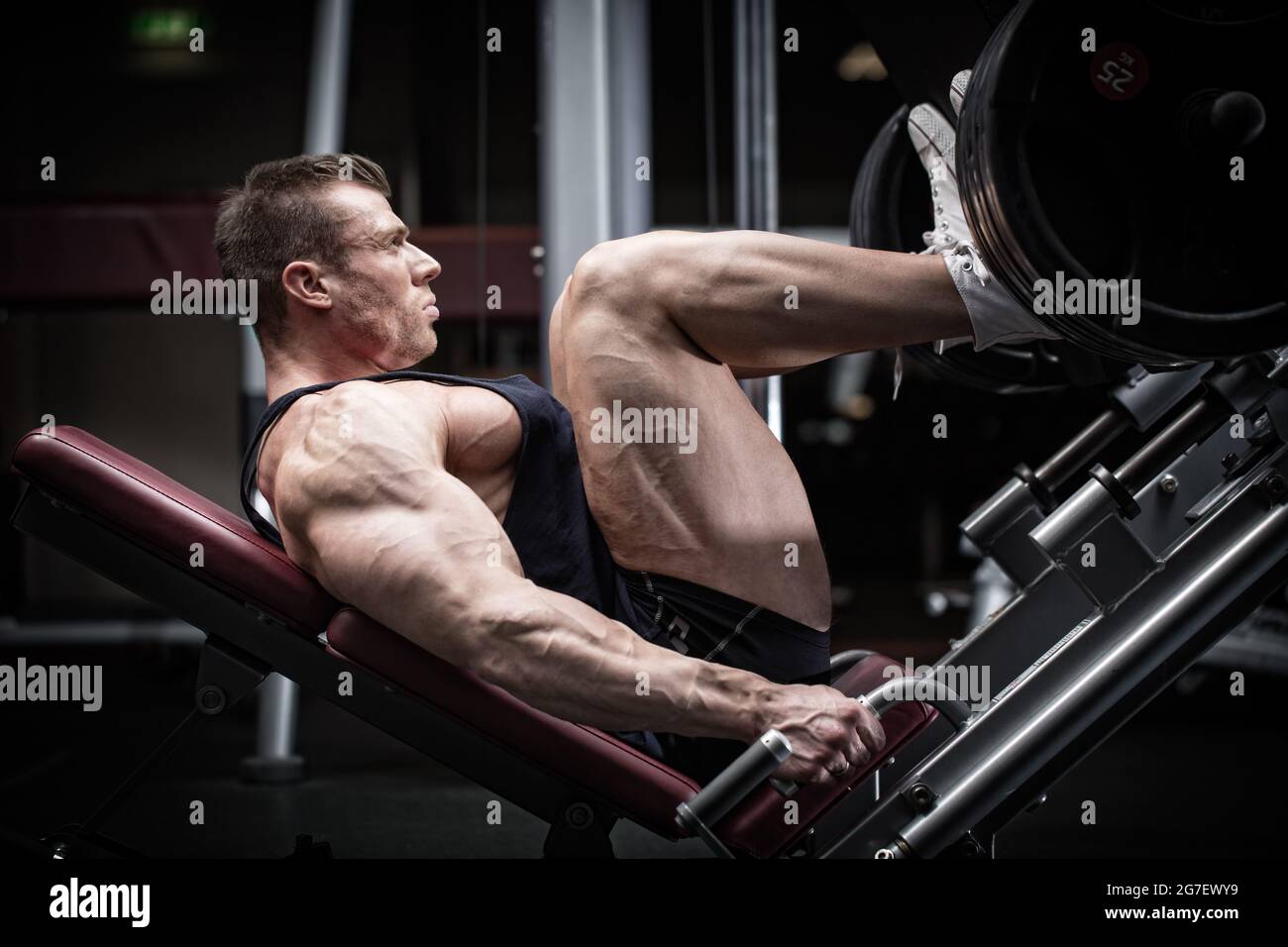 Man in gym training at leg press to define his upper leg muscles Stock Photo