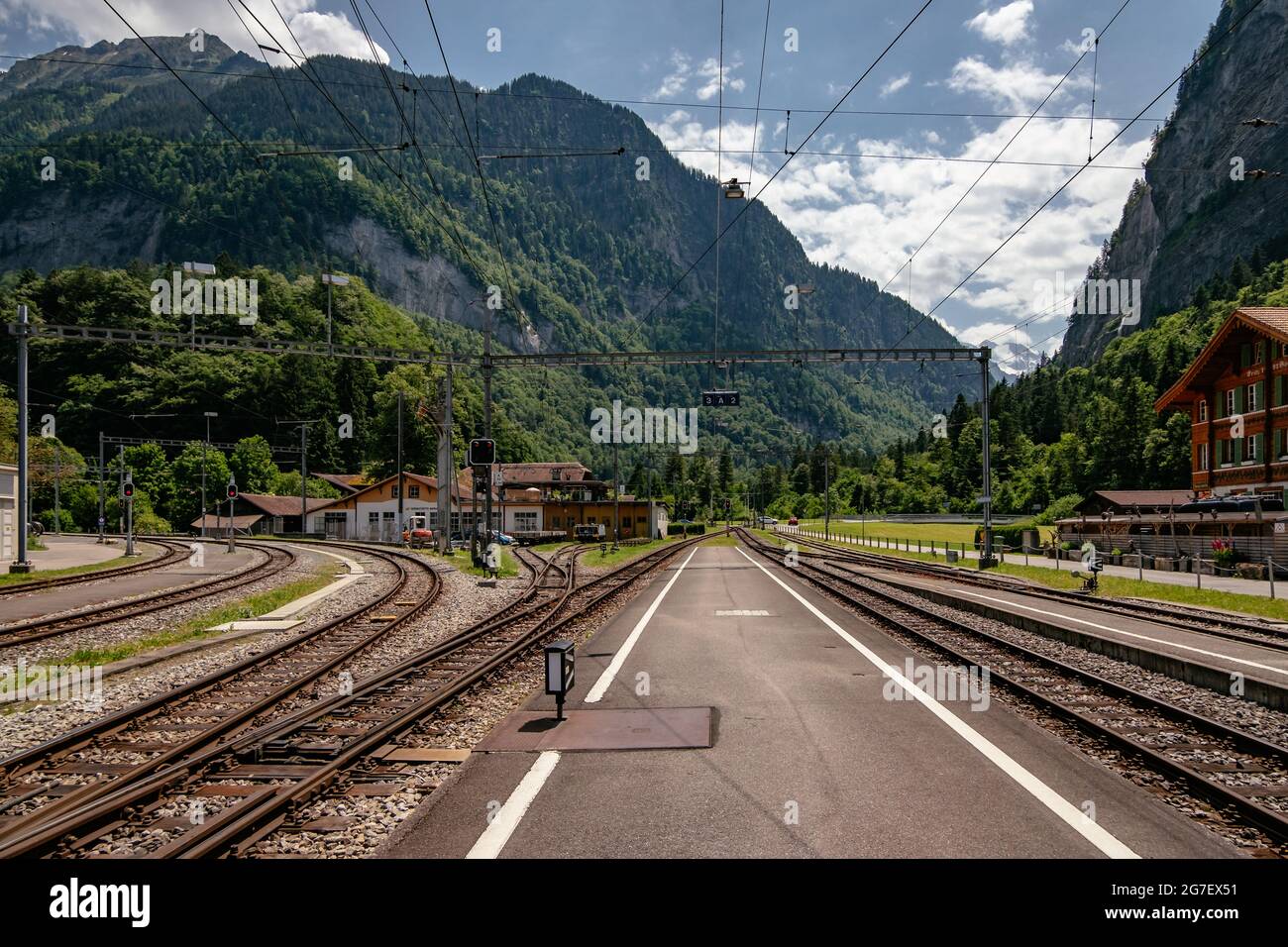 Zweilütschinen - Bernese Oberland Train Station - Swiss Alps in the Summer - Grindelwald, Switzerland - Jungfrau Region Stock Photo