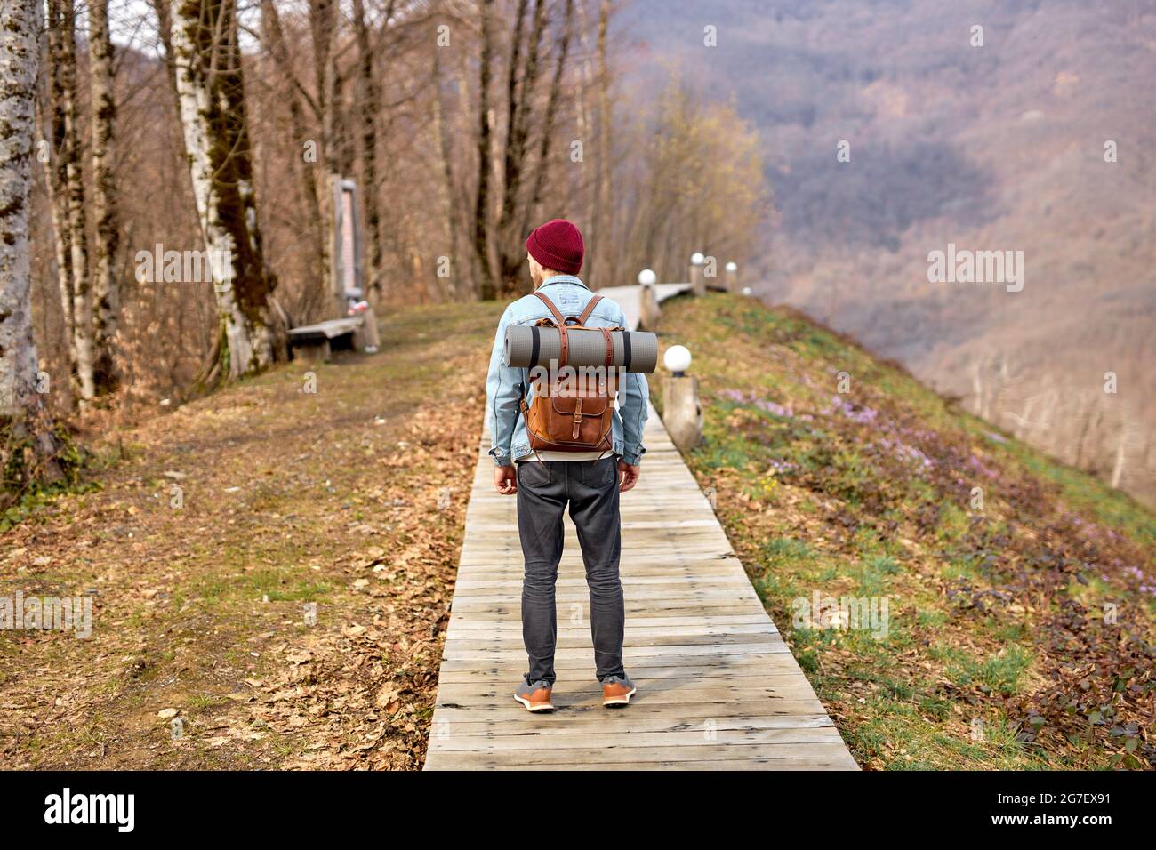 Man hiker exploring mountains, Travel healthy lifestyle adventure