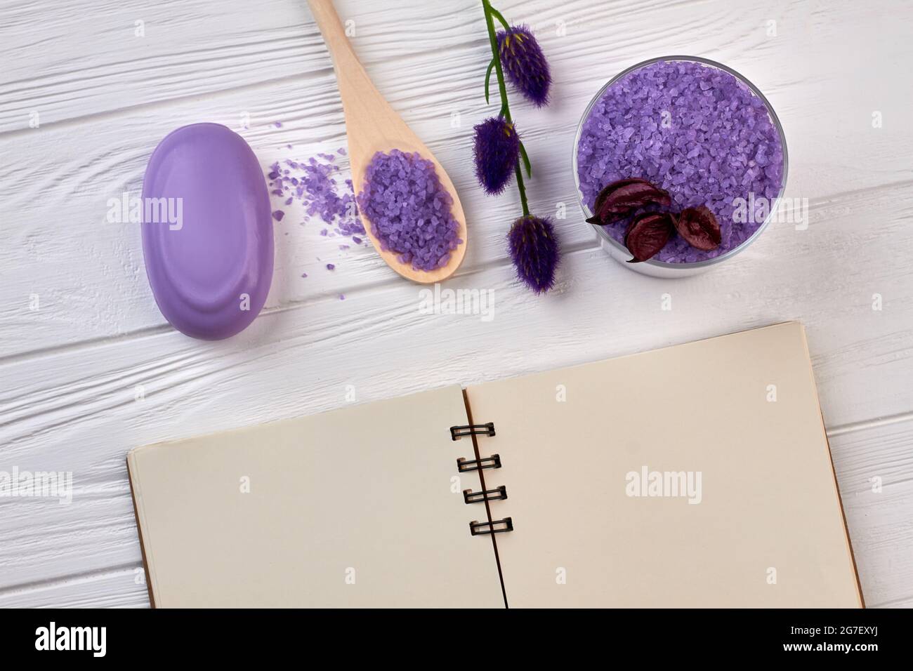 Notepad with purple spa stuff on white wooden table Stock Photo - Alamy